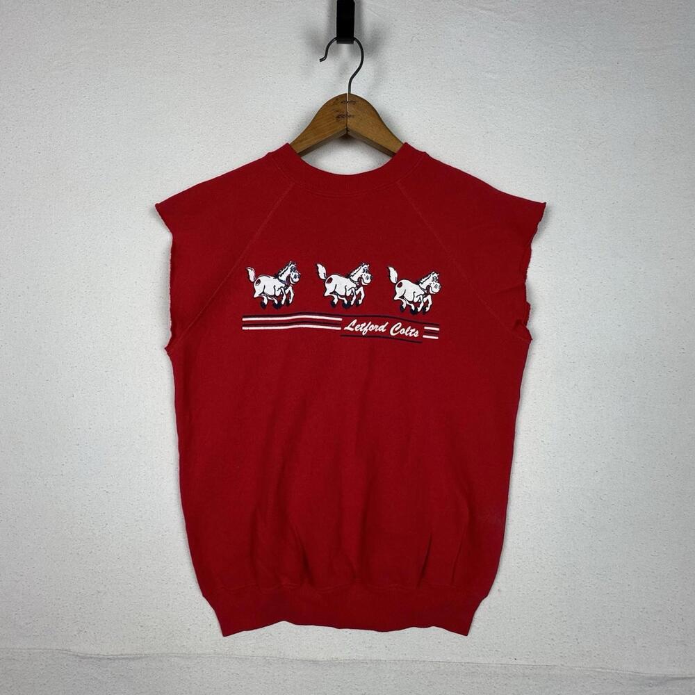 Vintage 80s Hanes‎ Letford Red Raglan Crew Soft Cutoff Sweatshirt Sz M 50/50 USA